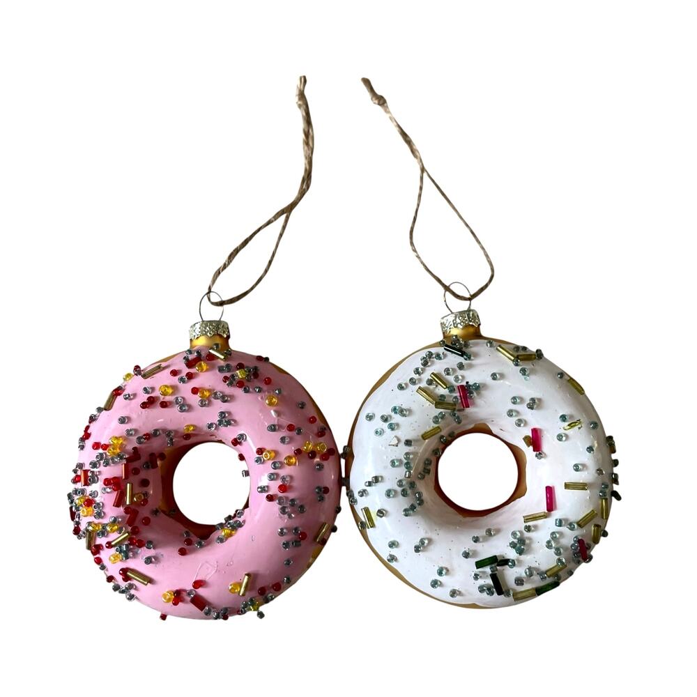 Pink & White Frosted Donut With Sprinkles Glass Christmas Ornaments Set of 2 NEW
